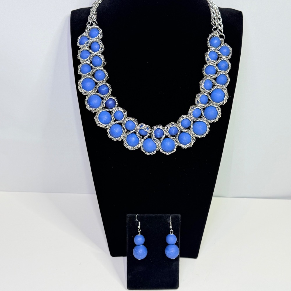 Large Blue Matte Bead Silver Tone Chain Bib Statement Necklace and Earring Set